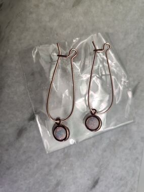 Rose Gold Teardrop Wire Earrings with Opal Disc, NEW